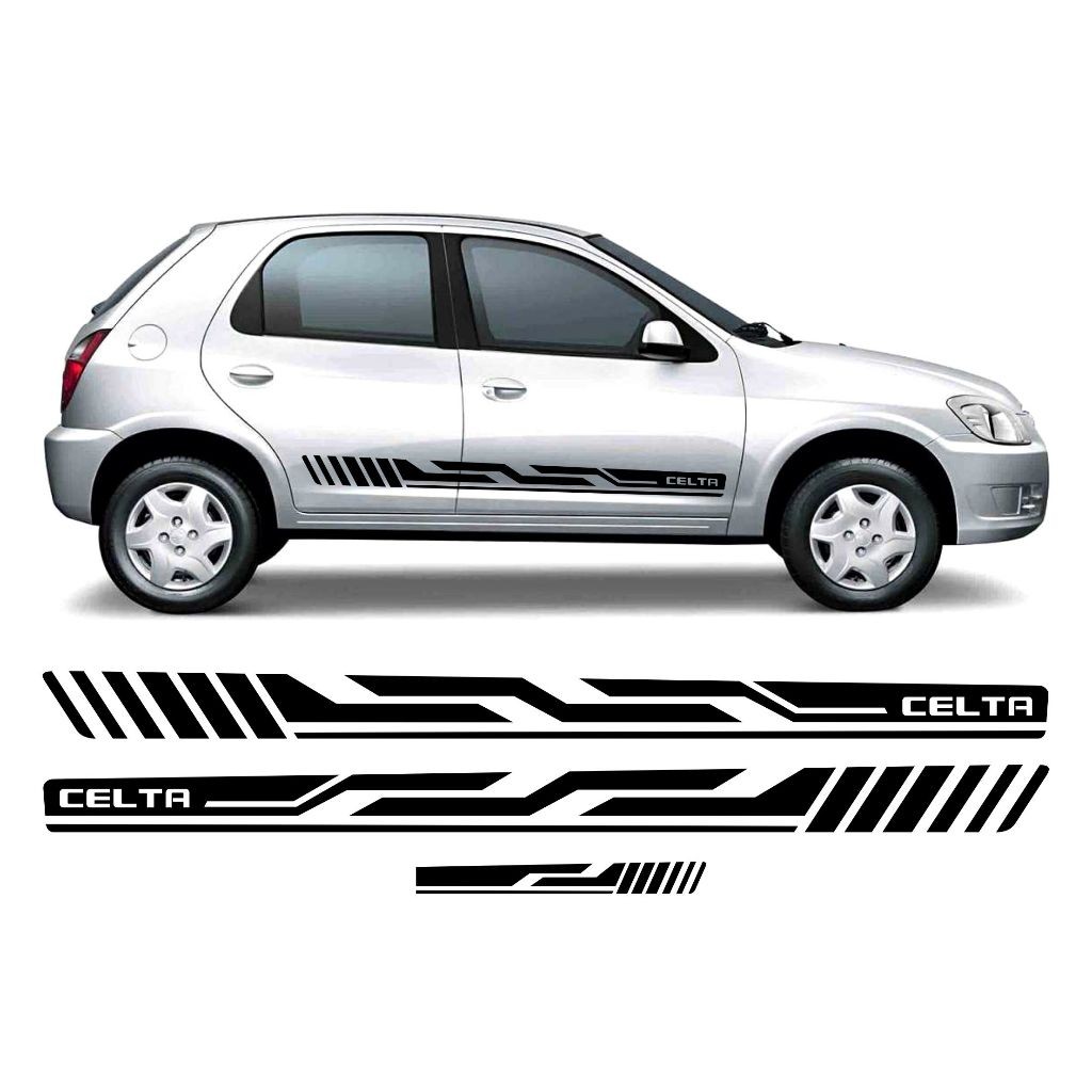 Kit 3 Adesivos Celta Faixa Lateral e Traseira Acessórios Personalizado Preto Brilho CH100