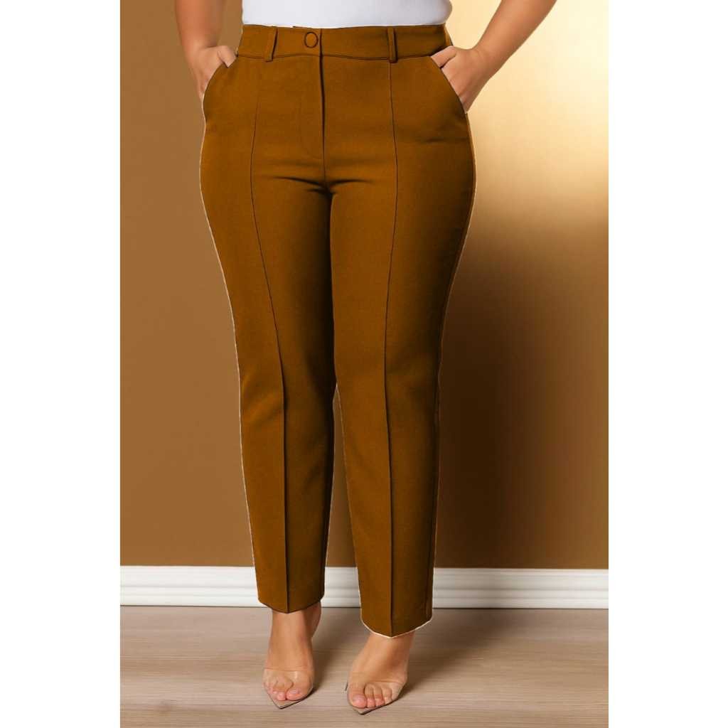 Calça reta tamanho grande alfaiatariaFeminina Risco Elegante plus Size Cintura alta em Oferta na Shopee