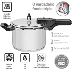 Panela de Pressão Tramontina Brava 6 litros em Aço Inox com Fundo Triplo 22 cm