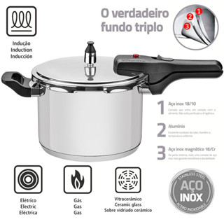Panela de Pressão Tramontina Brava 6 litros em Aço Inox com Fundo Triplo 22 cm em Oferta na Shopee