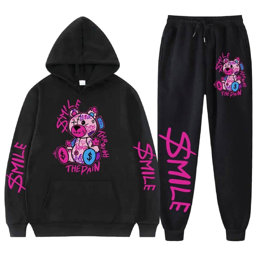 Conjunto Moletom canguru agasalho blusa de frio unissex homens e mulheres estampado Casual Flanelado Urso Smile