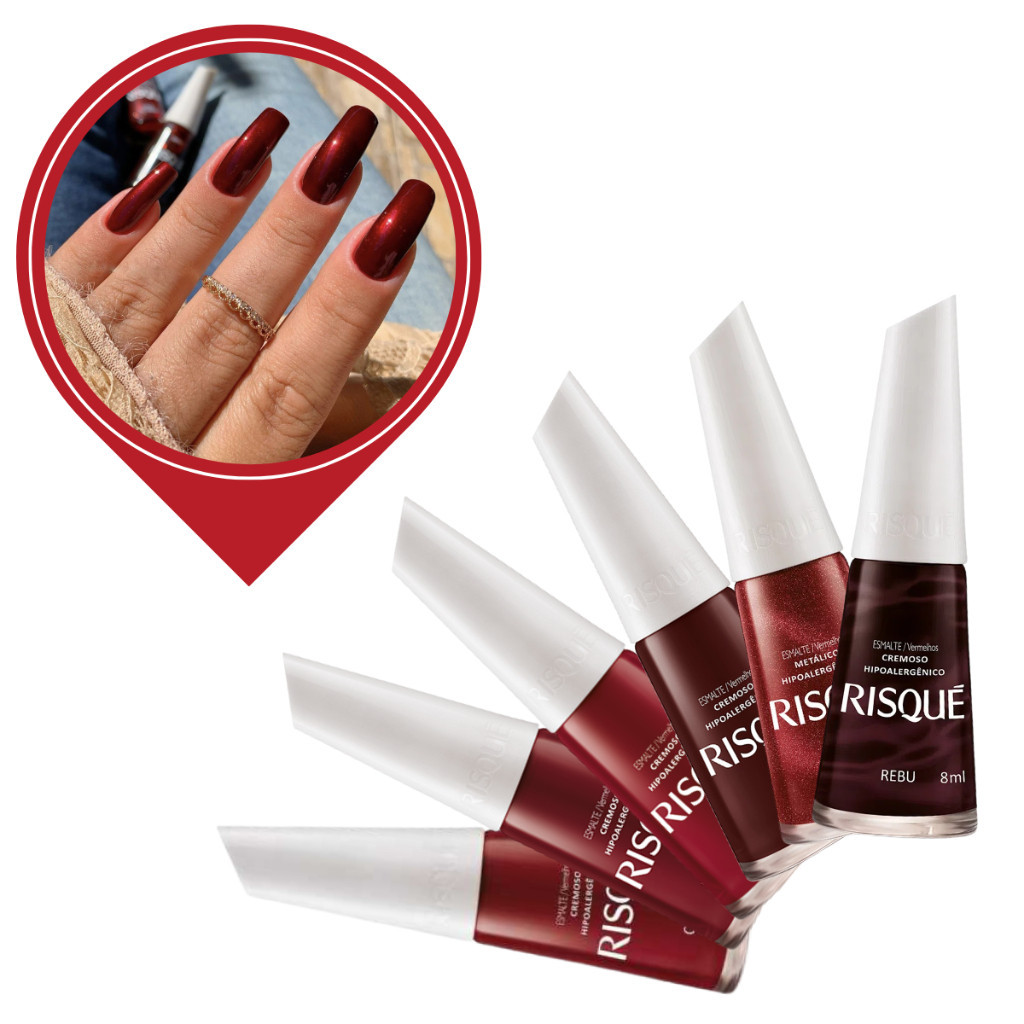 Kit 6 Esmaltes Risque Tons Escuros Vermelho Perolado Clássicos Manicure Pedicure