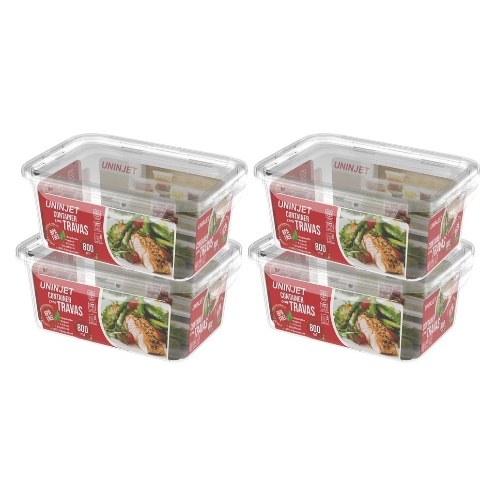 Kit 4 Pote De Plástico Container Com 4 Travas Resistente Design Moderno Prático 800ml