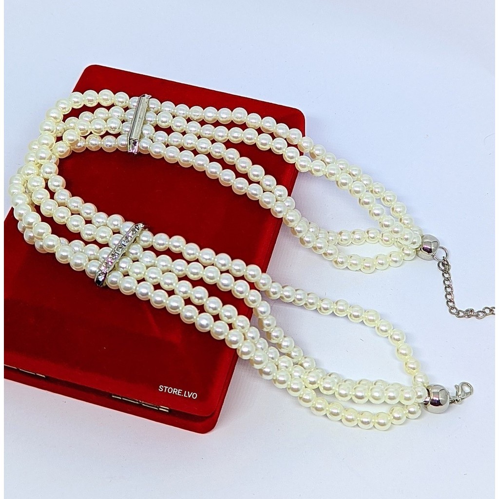 Colar Choker Feminino 4 voltas pérolas Branco Gargantilha 4 fileiras Pérola Luxo prata para Festa Balada Tendência moda