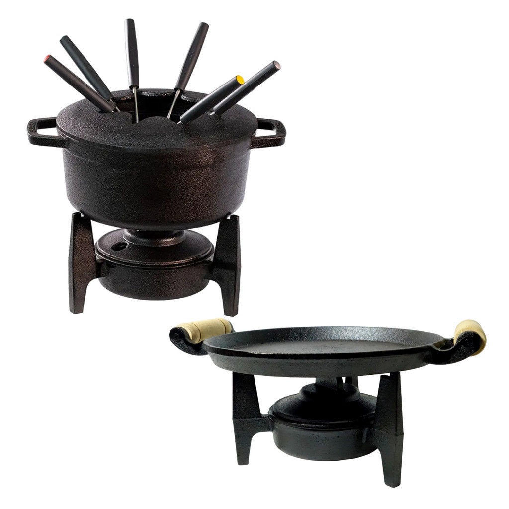 Kit Fondue A Álcool Completo + Bifeteira Redonda 2 Alças De Madeira + Fogareiro Tripé Santana