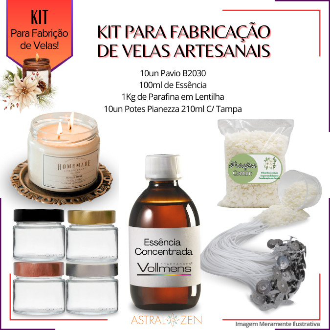 Kit Para Fabricação de Velas Artesanais 10un Potes 210ml 1Kg de Parafina em Lentilha 10un Pavio B2030 100ml de Essência