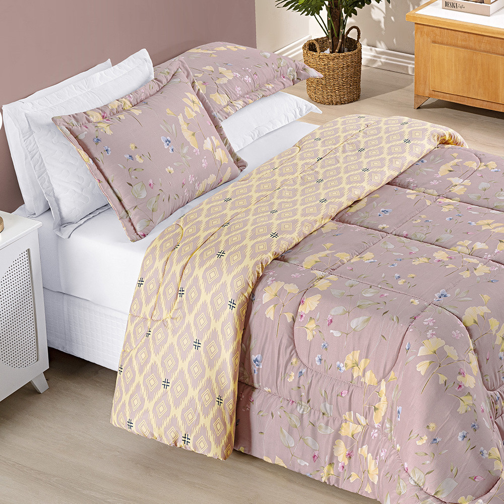 Detalhes do Kit Edredom Coberta King 3 Peças Dupla Face Estampado - Edredom e Dois Porta Travesseiros Com Aba