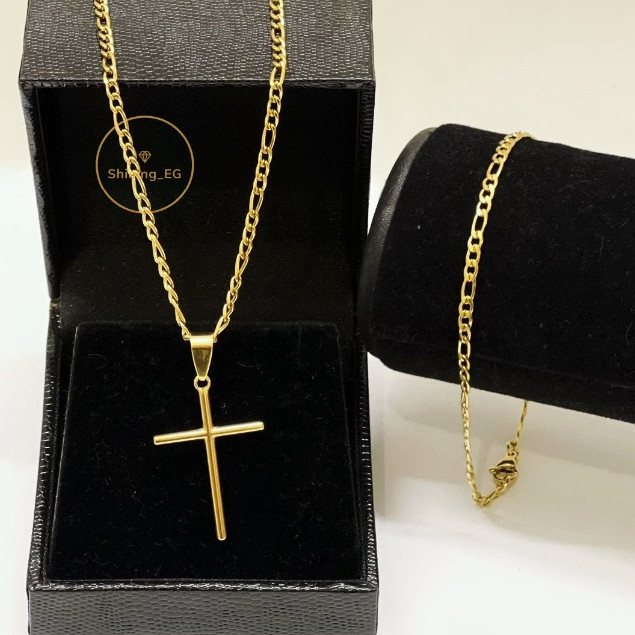 Corrente Cordão Colar + Pulseira + Pingente Cruz Palito Banhados a ouro 18k Cordão Masculina Crucifixo Moeda Antiga