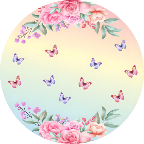NOVO Painel Festa Infantil Redondo Borboletas Minis Rosa e Azul, Floral Ao Canto + Arco, Suporte incluso. Fazemos personalizado com qualquer tema. Confeccionado em Lona fosca, impressão de alta resolução. cenário , p/ Decoração