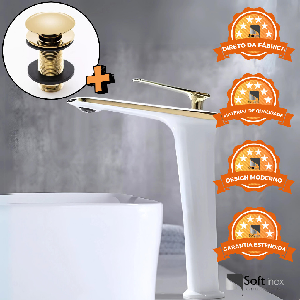 Kit Torneira Monocomando Petra Alta Branco/Gold + Válvula Click 7/8 Gold