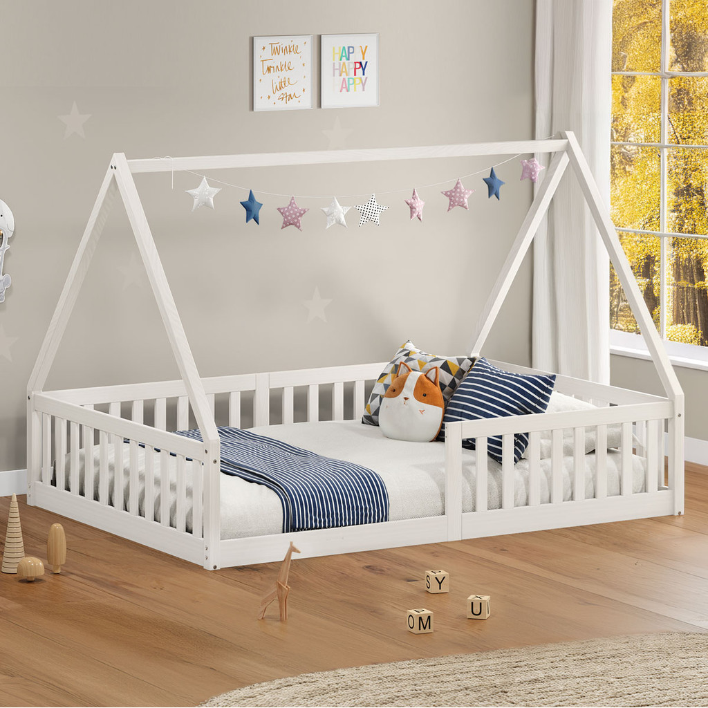 Cama Viúva Infantil Montessori Branco Madeira Casa com Estrado Stella