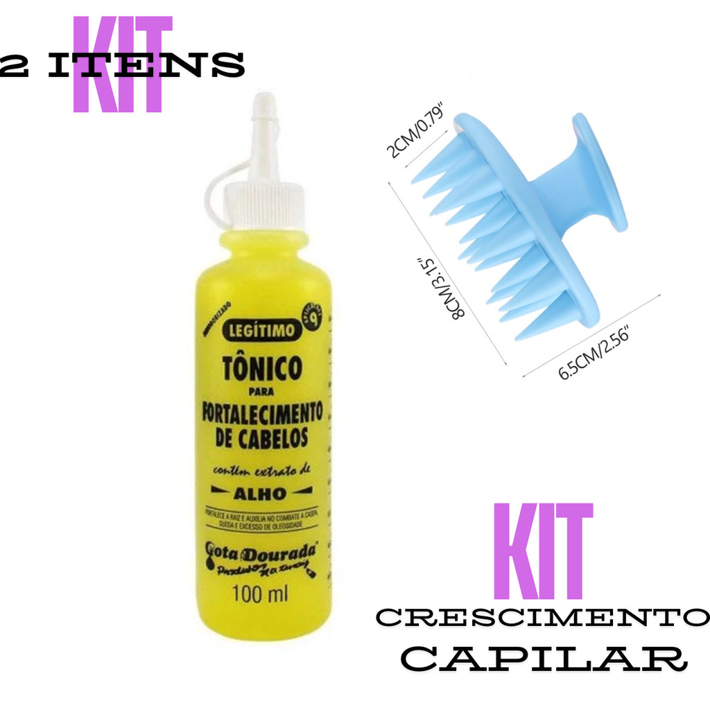 Kit Tônico Capilar Gota Dourada Fortalecimento Alho 100ml + Escova Massageadora de Silicone Couro Cabeludo
