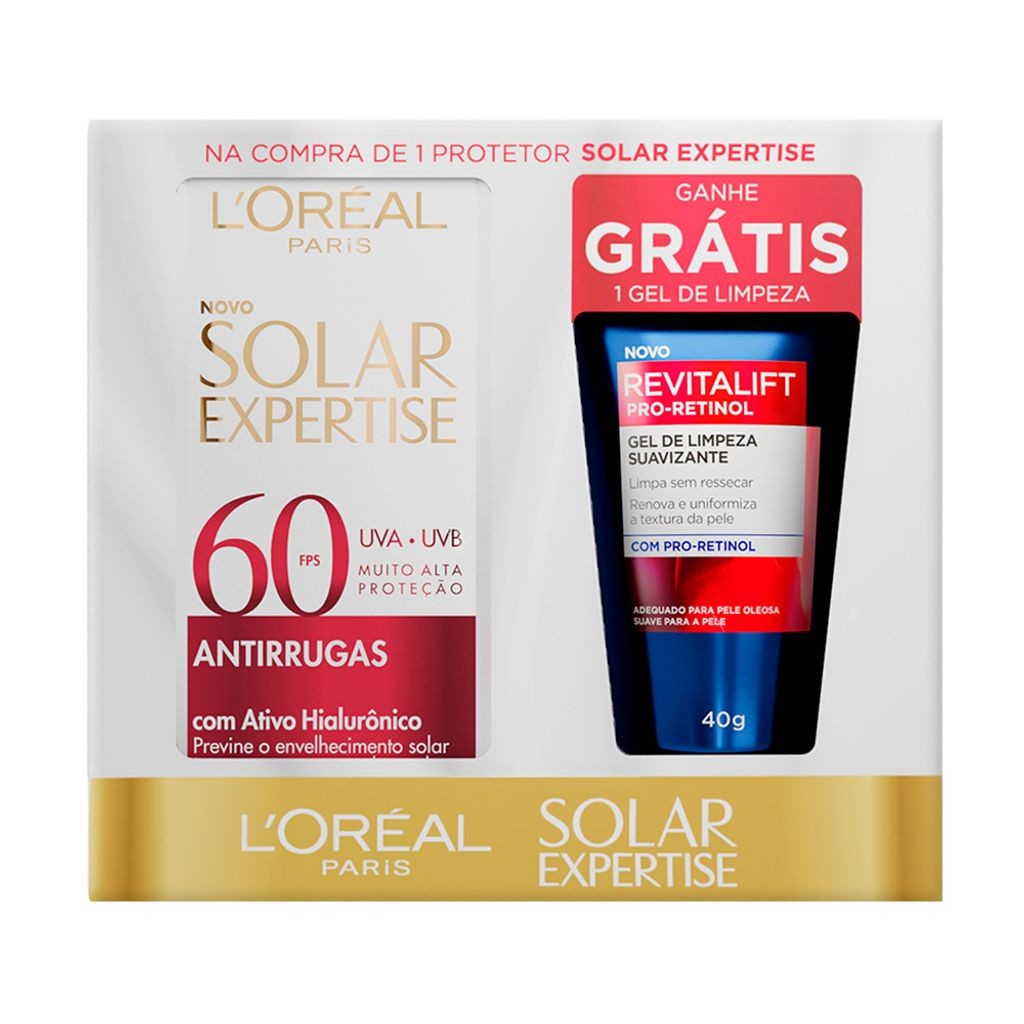 Protetor Solar L'Oréal Paris Solar Expertise Antirrugas FPS 60 40g e Ganhe Revitalift Pro-Retinol Gel de Limpeza Suavizante 40g em Oferta na Shopee