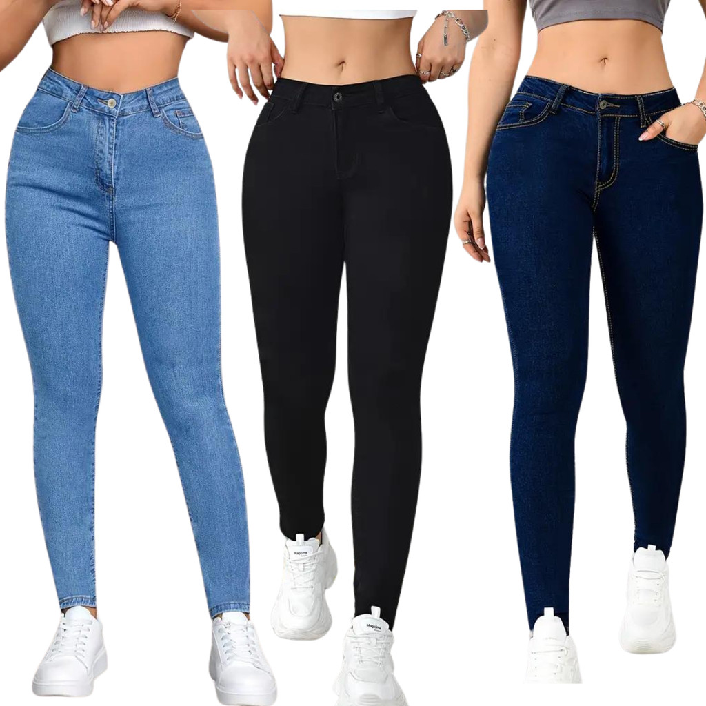 Kit 3 Calça Jeans Feminina Siknny Cintura Alta Premium em Oferta na Shopee