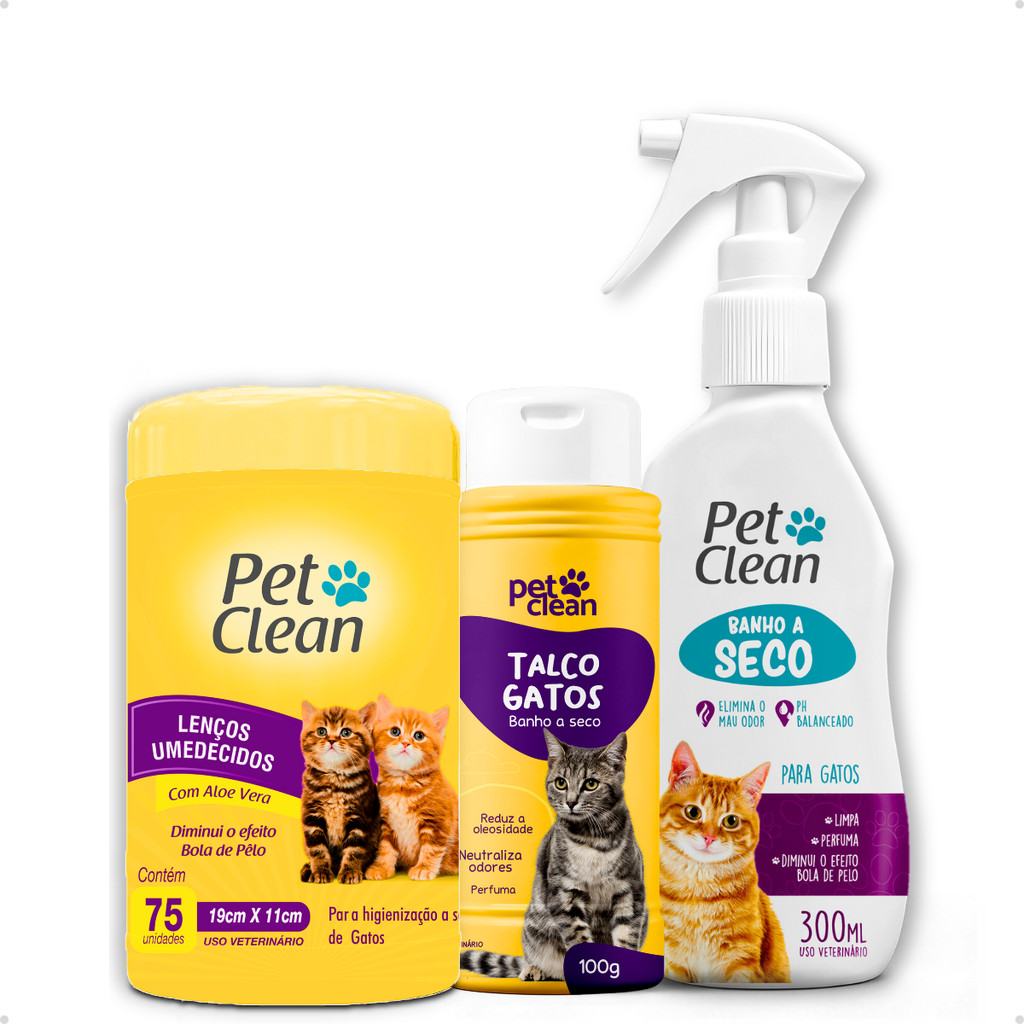 Kit Banho a Seco Gatos 300ml Pet Clean + Lenço Umedecido Gato 75 unids + Talco Pet Clean 100g Gatos em Oferta na Shopee