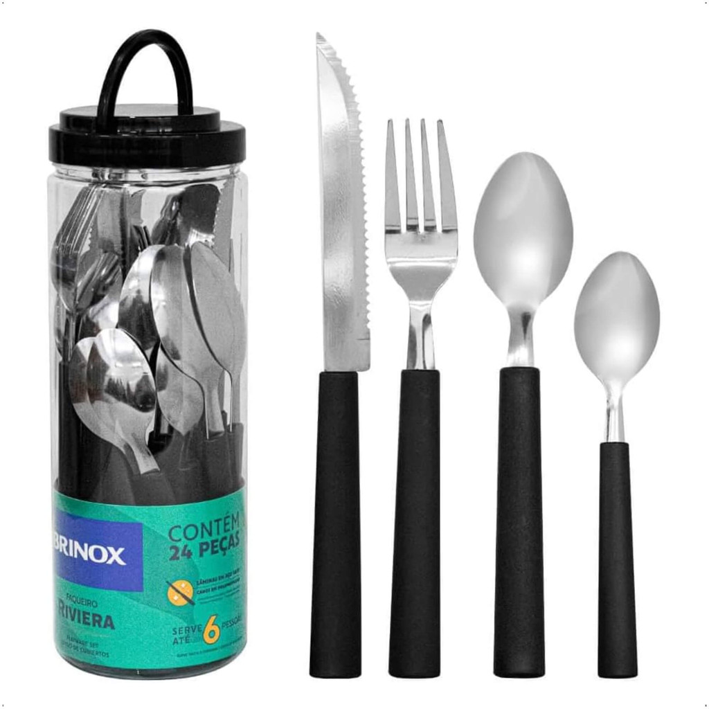 Faqueiro 24 Peças em Aço Inox Riviera preto com Pote de Plástico Brinox - 6025/712 em Oferta na Shopee