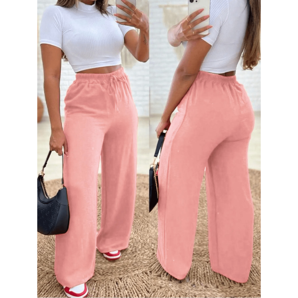 Calça pantalona feminina duna sem fenda com elastico na cintura fechado lateral pra verao