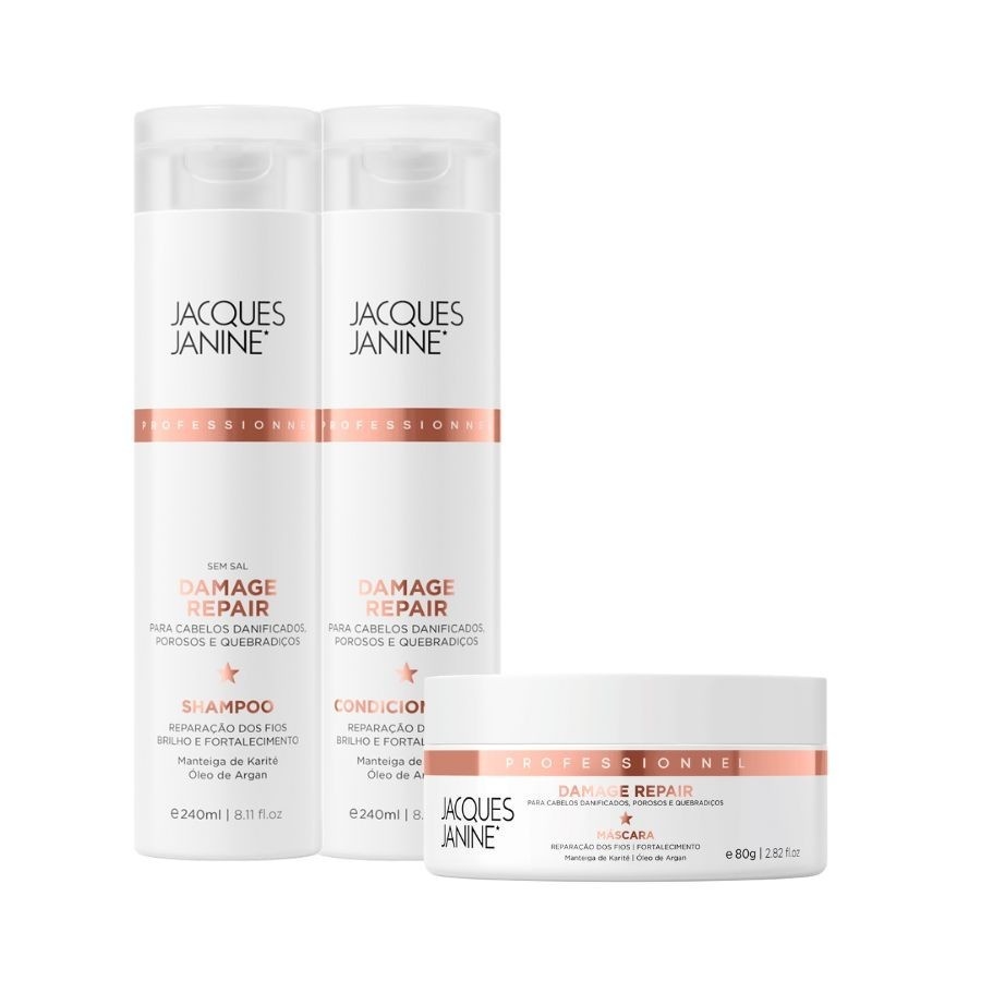 Kit Jacques Janine Damage Repair Shampoo Condicionador 240ml Máscara Tratamento 80g em Oferta na Shopee
