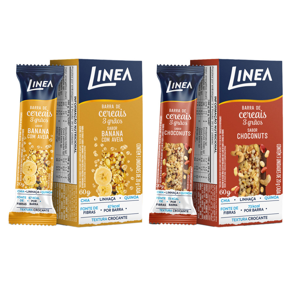 Kit 2 Caixas de Barra de Cereal 3 Grãos Integrais Linea Sabor Choconuts e Banana com Aveia 3 unidades de 20g - Food & Beverages