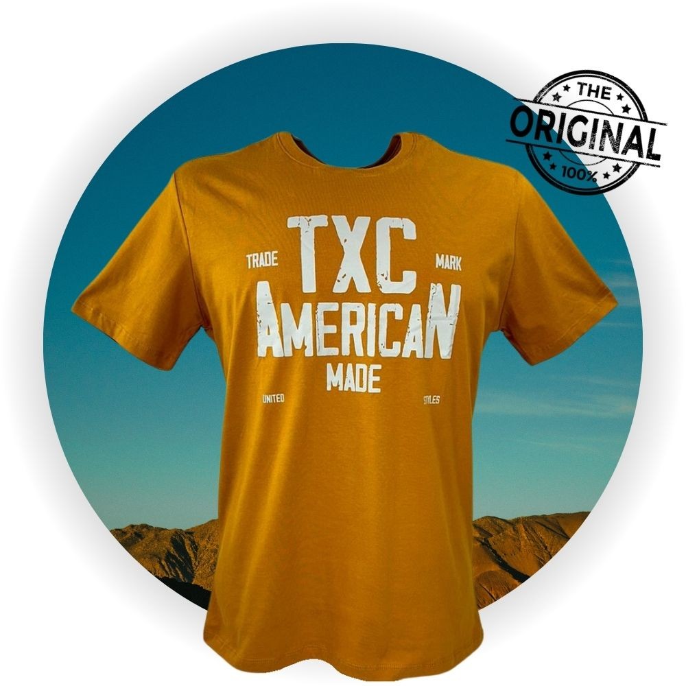 Camiseta Básica Masculina TXC Manga Curta Amarelo Mostarda Com Estampa Branca Básica De Algodão