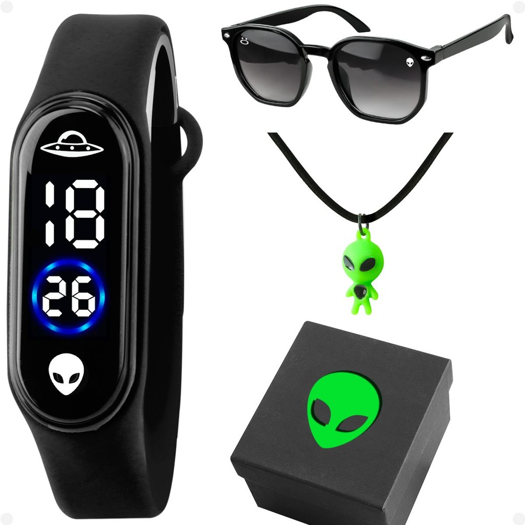 Relogio Infantil Led Et Ovni + Caixa + Oculos Sol + Colar prova dagua extraterrestre acetato menino