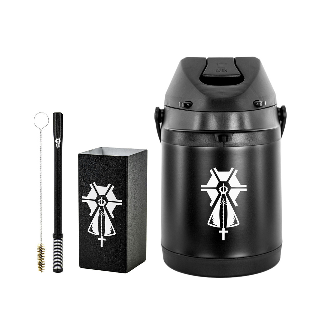 Kit Tereré Garrafa Preta Térmica 2.5l Bomba Mola Preta e Inox Copo Quadrado Inox Preto