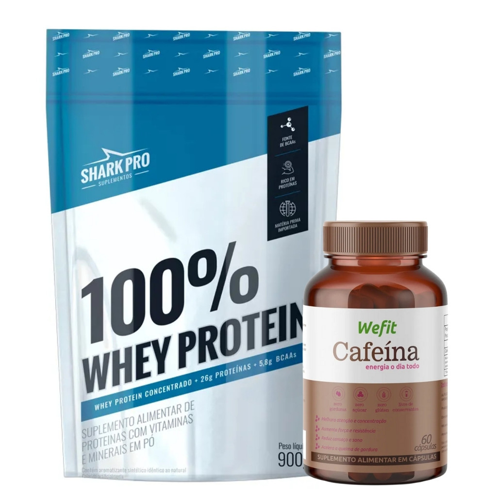 100% Whey Protein 900g Shark Pro + Cafeina 60 Cápsulas WeFit