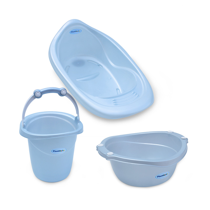Kit Banho De Bebê Banheira Azul Perolado 3 Peças Plastibaby em Oferta na Shopee