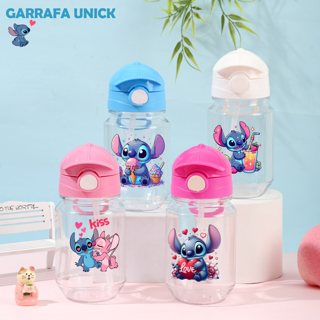Garrafa com Unick Boné 500ml Stitch com Canudo Botão