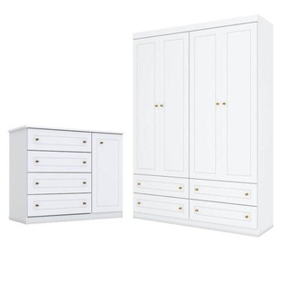 Cômoda E Guarda Roupa Infantil Mississipi 4 Portas Branco Hp - Henn em Oferta na Shopee