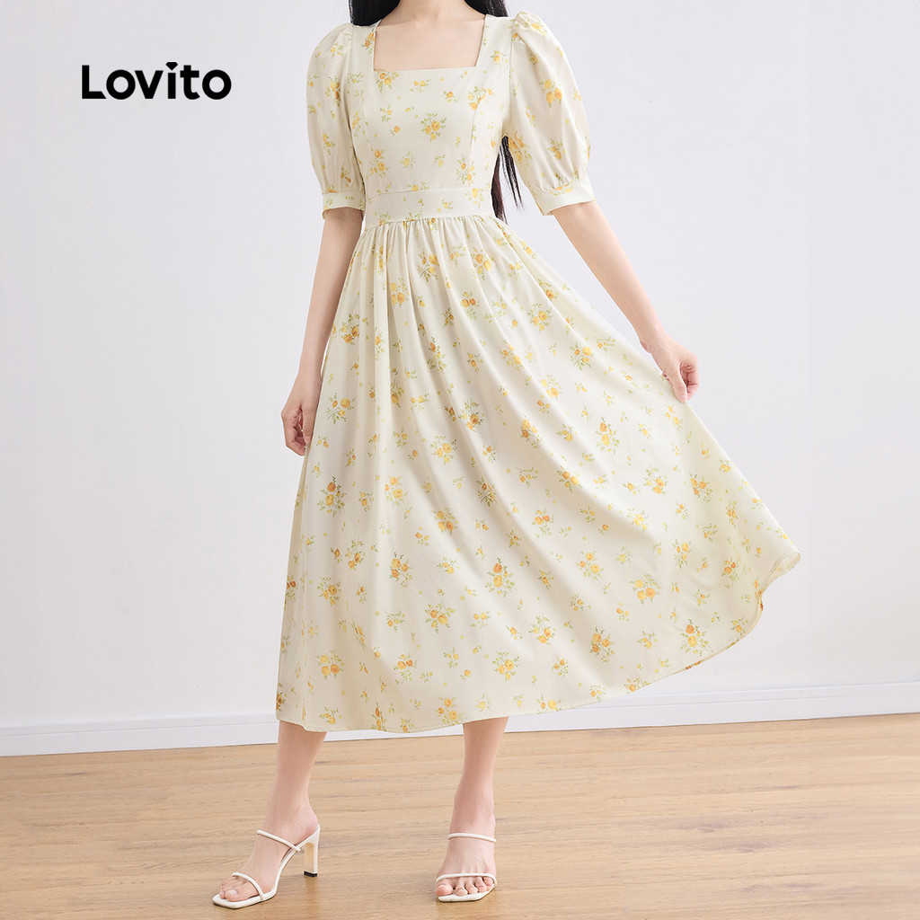 Detalhes do Lovito Vestido elegante com zíper e estampa Floral Ditsy para mulheres LBL24193
