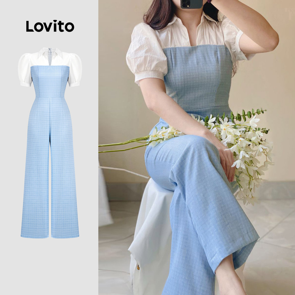 Lovito Macacão Casual Colorblock com Zíper Primavera/verão Macacão Azul para Mulheres L137ED822 em Oferta na Shopee