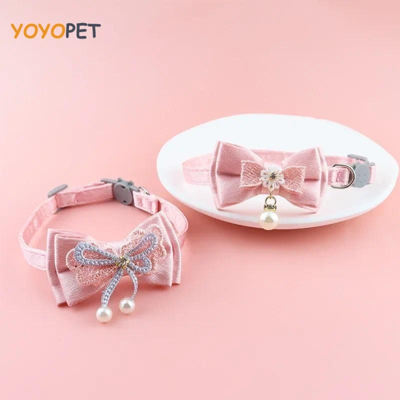 Coleira Para Animais De Estimação Rosa Laço Arco Pendurado Grânulo Gato Gargantilha Sino Cão Suprimentos Acessórios Cães