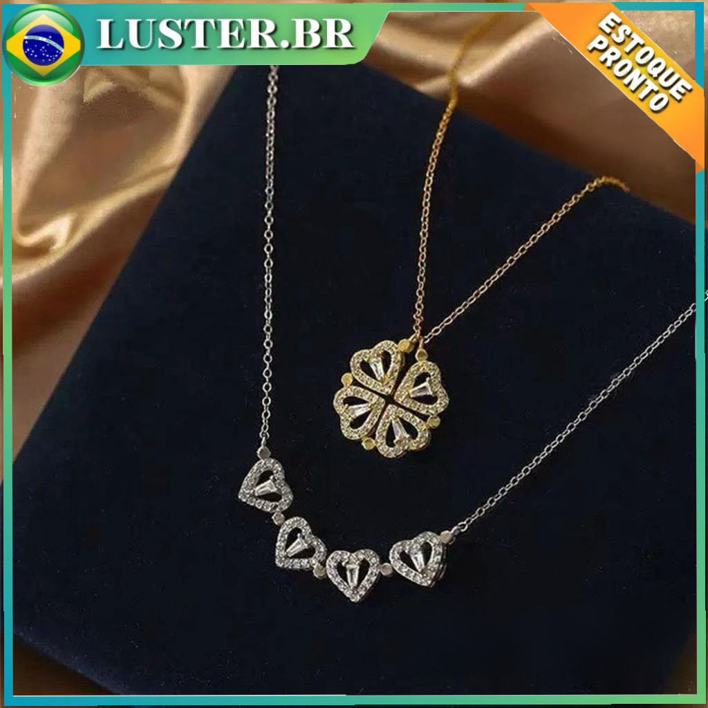 Colar de trevo de aço inoxidável, formato de trevo e formato de coração dois em um, hipoalergênico e antidesbotamento em Oferta na Shopee