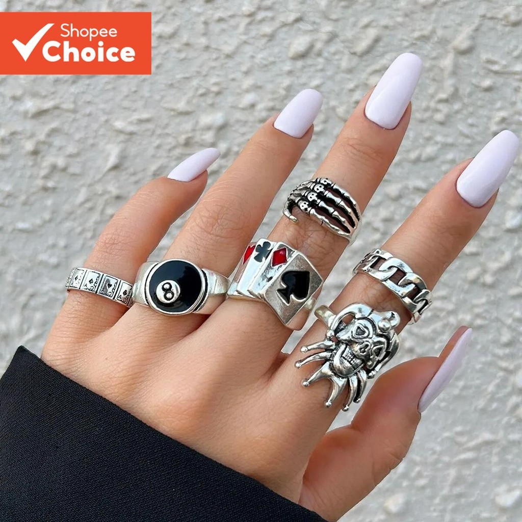 Halloween 6 Peças Conjunto De Anel De Pôquer Punk Cassino Para Homens Mulheres Caveira Gótica Fantasma Joias Góticas Pre