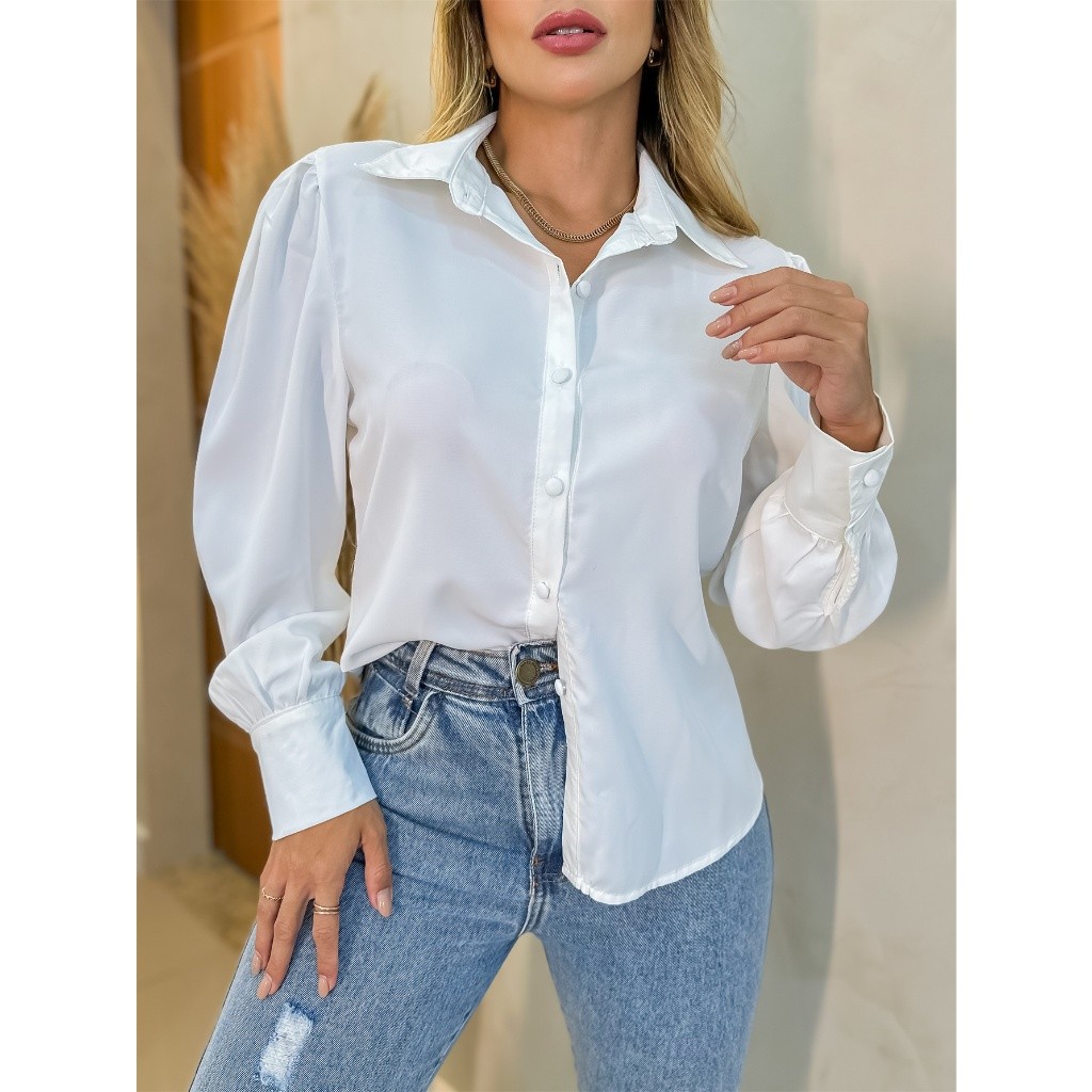 Camisa Branco Feminina Social Manga Longa Lisa