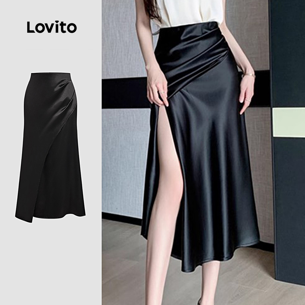 Lovito Saias Elegantes Fenda Frontal Pregas E Acabamento Brilhante Perfeitas Para a Primavera/verão Cor Preta L137ED516 em Oferta na Shopee
