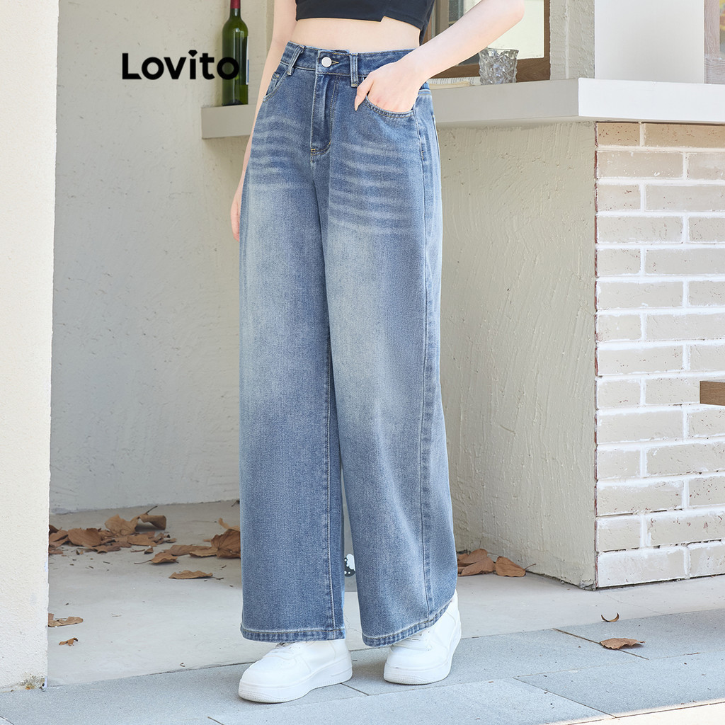 (Trendy) Lovito Jeans casual com bolso borboleta e zíper para mulheres L108ED394 - Women Clothes