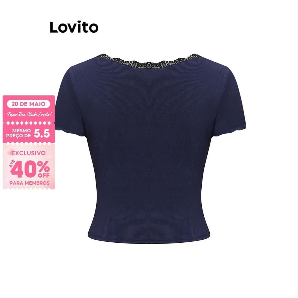 (Trendy) Lovito Camiseta Casual De Verão Com Babados E Gola Colorblock Para Mulheres L108ED626 - Women Clothes