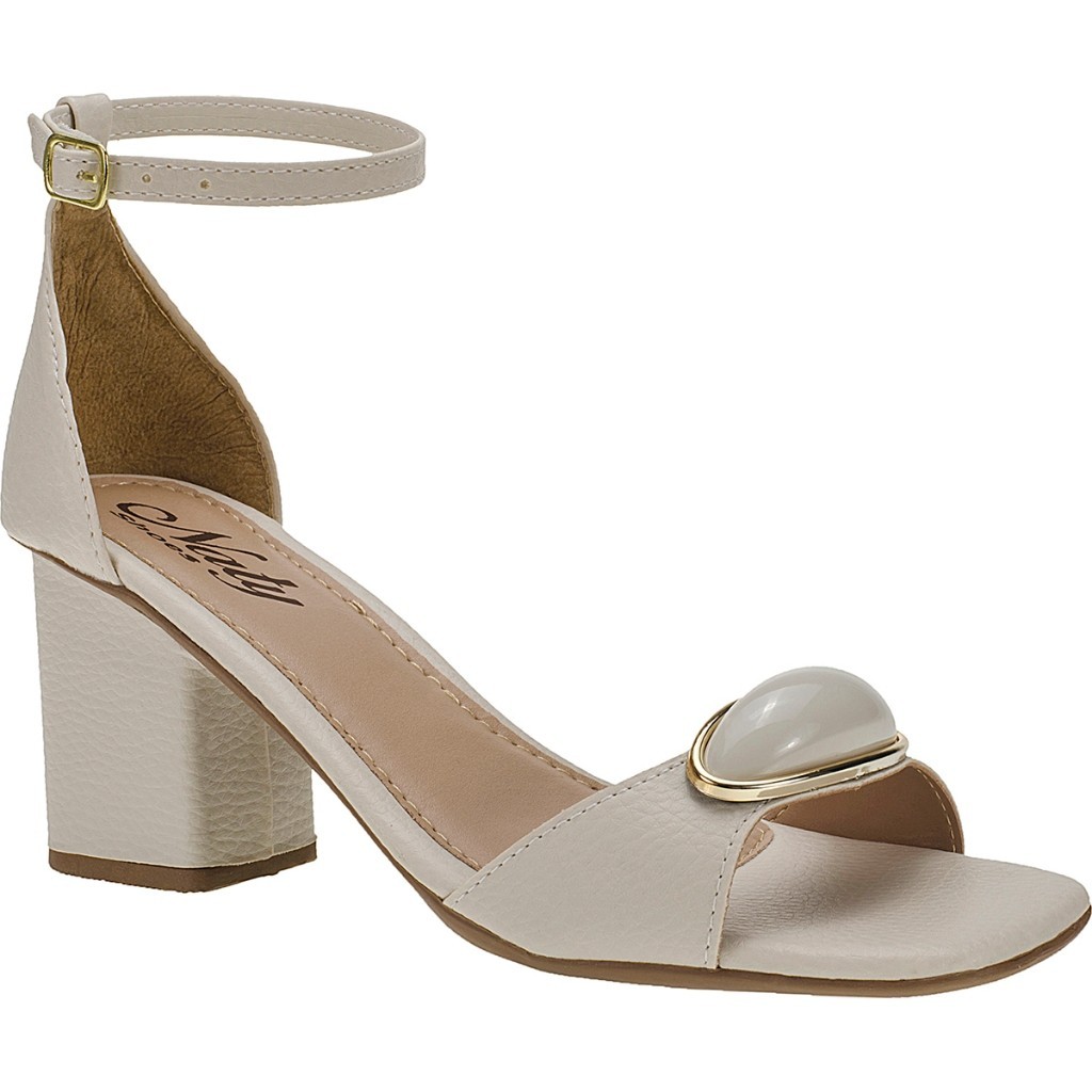 Sandália Feminina Nude Salto Alto Grosso com Enfeite ABS Gota Traseiro Fechado com Fivela Naty Shoes