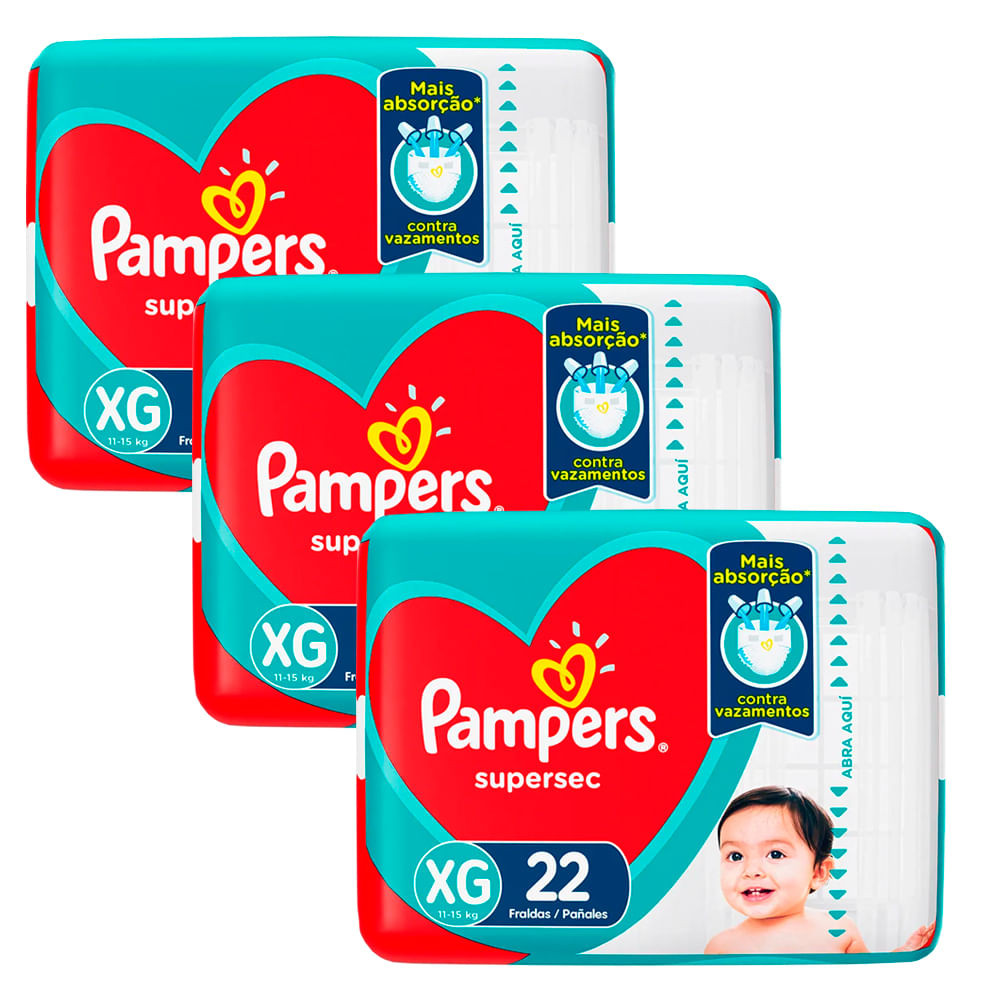 Kit 3 Fraldas Pampers Supersec Pacotão Econômico XG - 66 Tiras - Mom & Baby