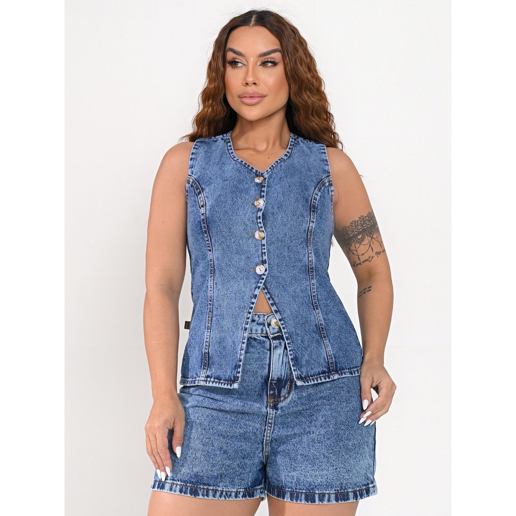 Conjunto Jeans Feminino Collen – Short Cintura Alta e Colete em Oferta na Shopee