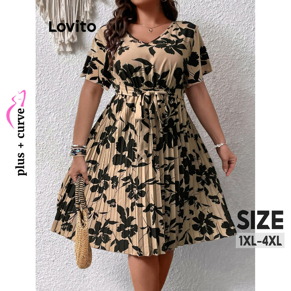 (Trendy) Lovito Vestido Curvo Plus Size Elegante Ditsy Floral Com Cadarço Vestido Plissado Para Mulheres LBL08207 - Women Clothes