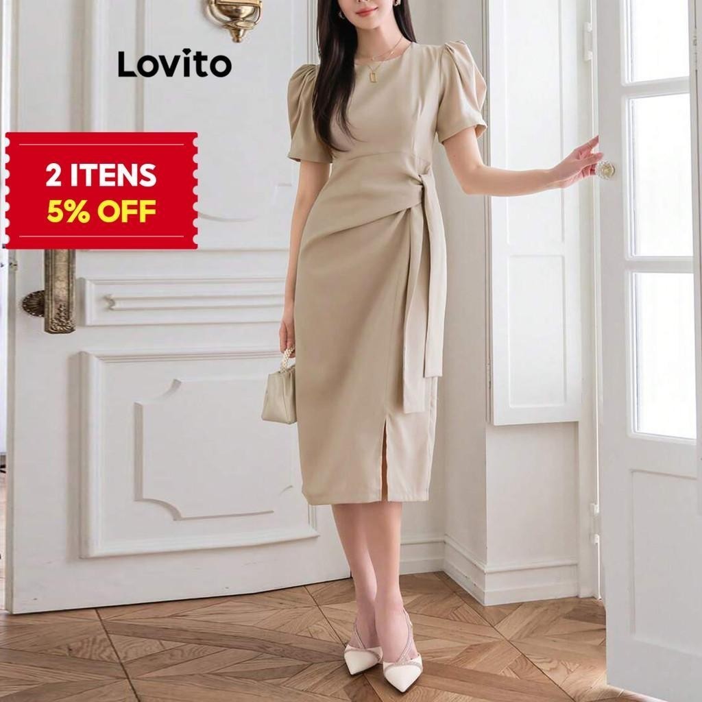 (Trendy) Lovito Vestido Elegante Liso Plissado Para Mulheres L104ED867