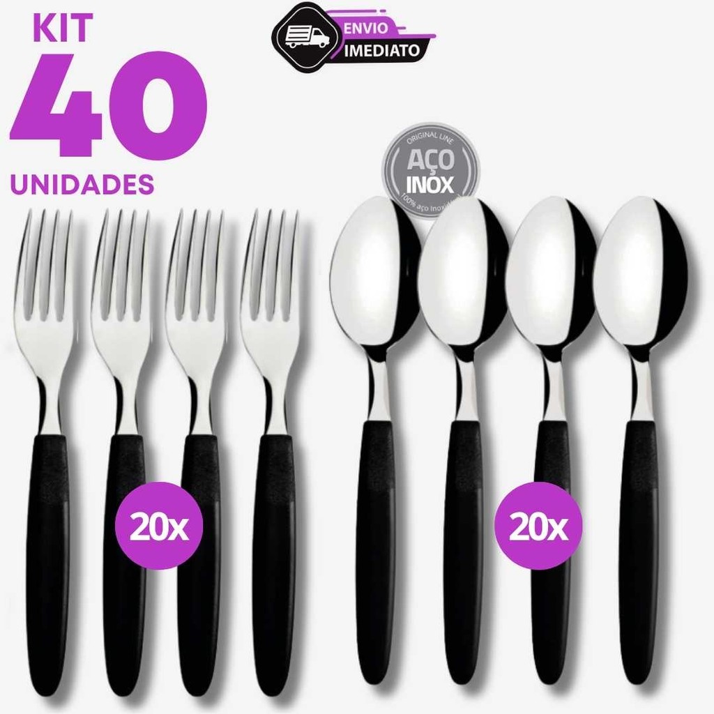 Jogo 40 Talher Inox Cabo Preto 20 Garfo 20 Colher Sopa Refeição Casa Jantar Cozinha Caldinho Prático