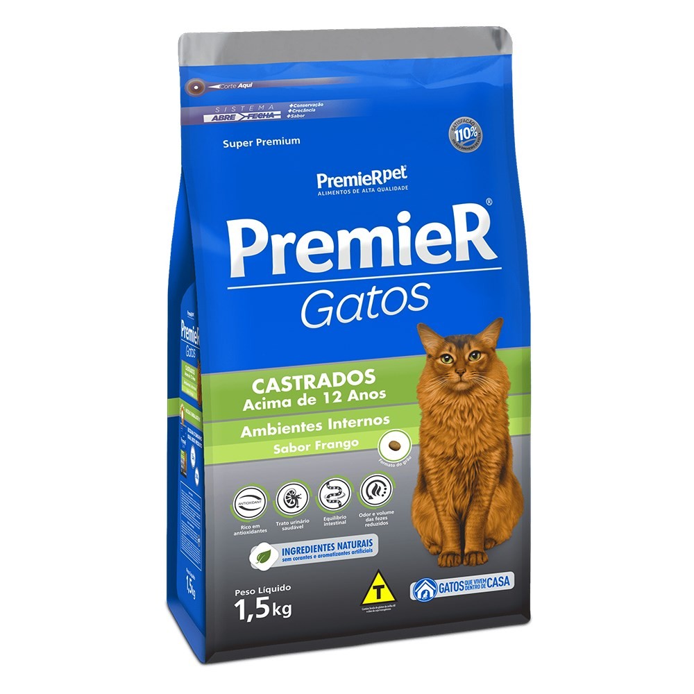 Ração Premier Gatos Castrados Acima 12 Anos Ambientes Internos Frango 1,5kg em Oferta na Shopee