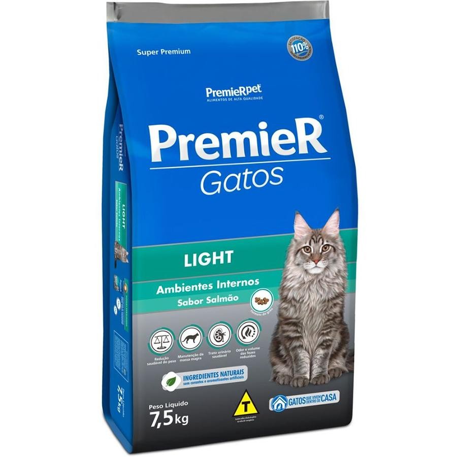 Ração Premier Ambientes Internos Light Gatos Adultos Salmão 7,5Kg em Oferta na Shopee