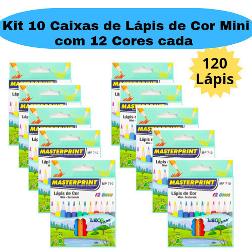 Kit 10 Caixas de Lápis de Cor Mini Caixa com 12 Cores em cada Caixa Masterprint
