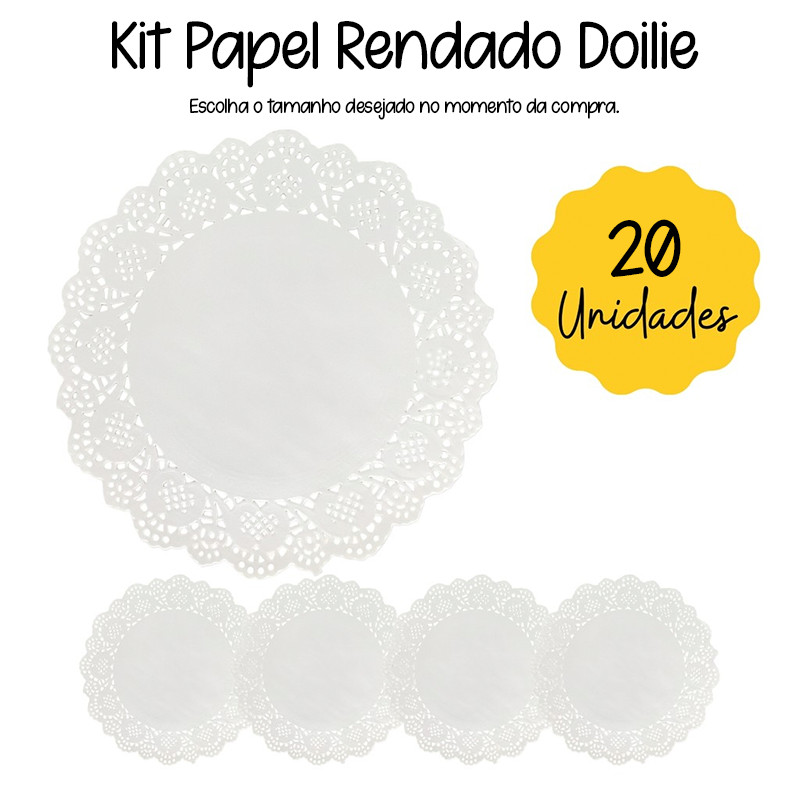 Kit Papel Toalha Rendado Decor Doilie 16,5cm a 33,5cm Branco 20 Unidades