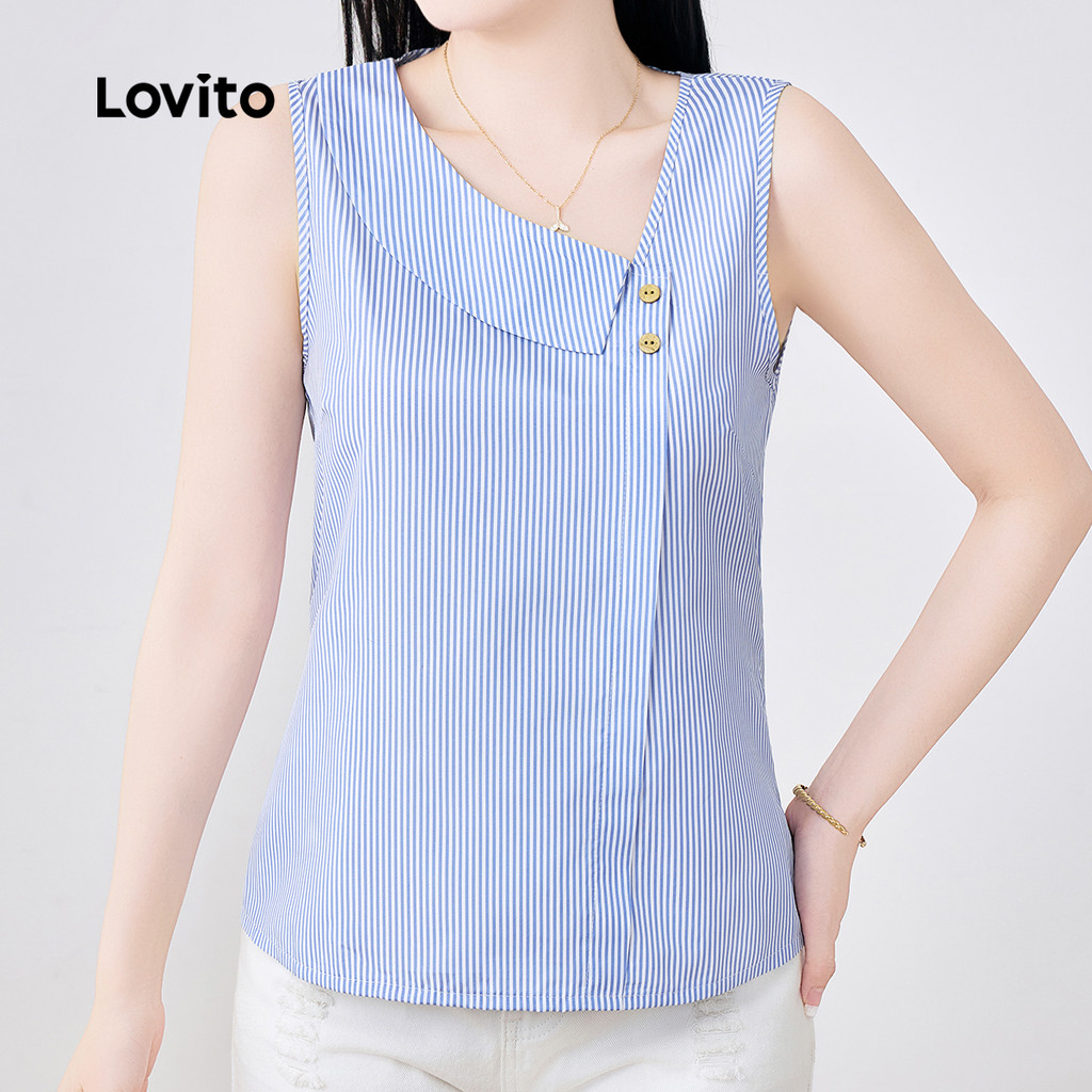 Detalhes do Lovito Blusa Casual Assimétrica com Botões Primavera/verão Top Azul para Mulheres L142ED256